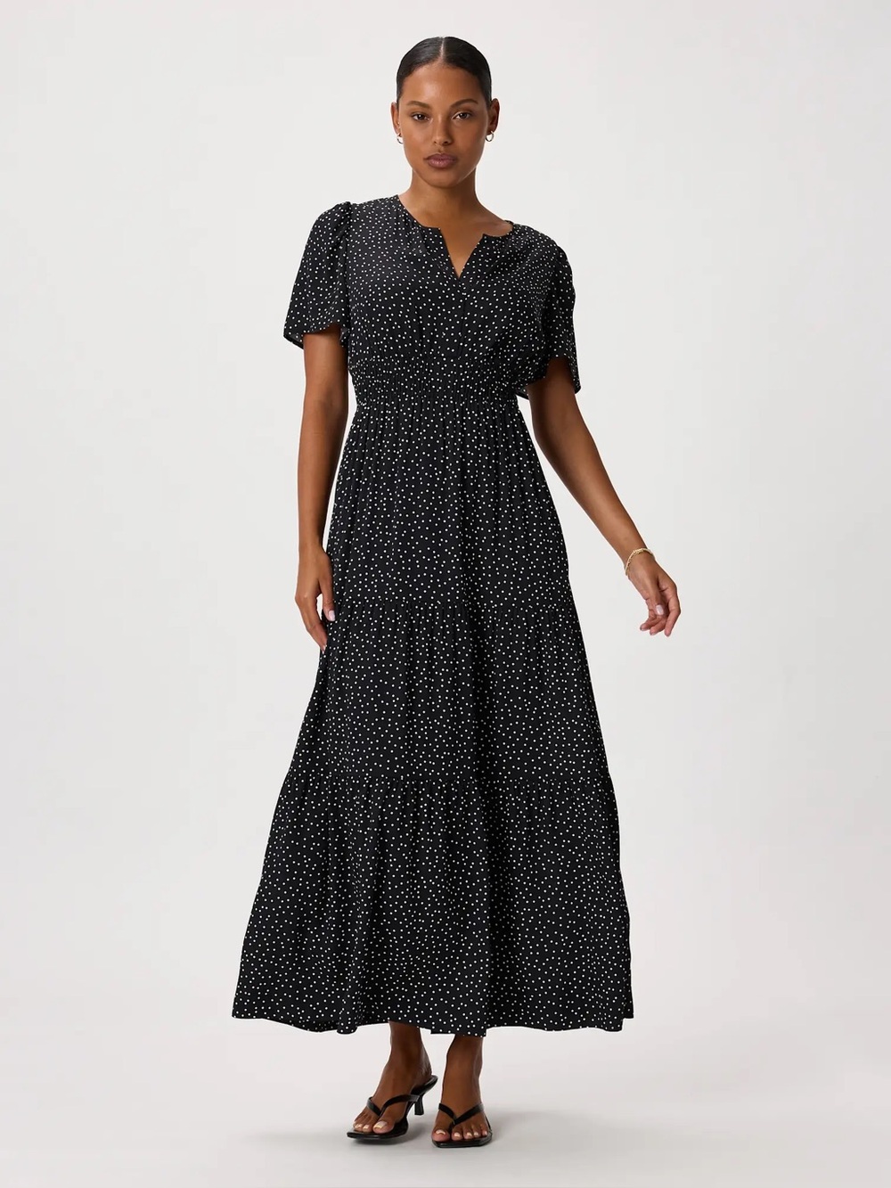 NWT Quince Washable Stretch Silk Tiered Maxi Dress Black White Polka Dot Size L